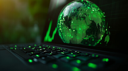 Poster - Green glowing globe displayed on a laptop screen, emphasizing global connectivity and technology