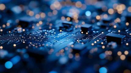 Poster - Detailed view of a circuit board illuminated by blue and gold lights in a dark environment