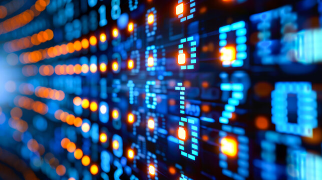 Dynamic digital display of data in vibrant colors. Brightly lit digital numbers and patterns form an eye-catching display, showcasing technology with a sense of movement and depth.