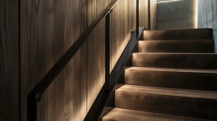 Wall Mural - Modern staircase bathed in ambient light, showcasing sleek design and architectural elegance with wooden textures.