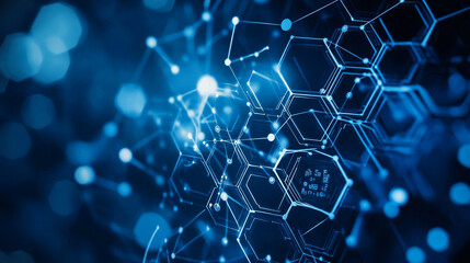 Poster - Abstract representation of interconnected hexagons and nodes in shades of blue on a dark background