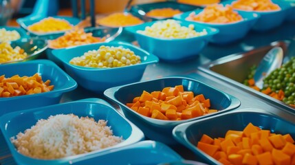 Poster - Blue trays filled with a diverse assortment of diced vegetables and grains, showcasing the vibrant essence of a healthy, balanced diet.