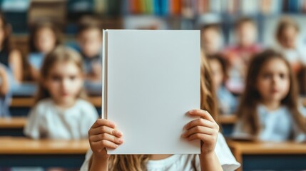 girl holding book with students in library