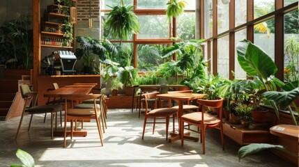 Canvas Print - A cozy café filled with lush green plants, featuring wooden furniture and large windows letting in abundant natural light, creating a serene environment.