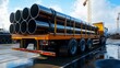 © Dmitry - A heavy-duty truck loaded with shiny steel pipes stands ready for transport at a bustling industrial site, reflecting the clear blue sky above