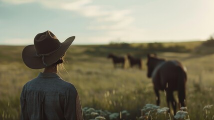 Poster - A lone figure in a wide-brimmed hat gazes at horses in a serene, sunlit meadow, capturing a moment of quiet reflection amidst nature.