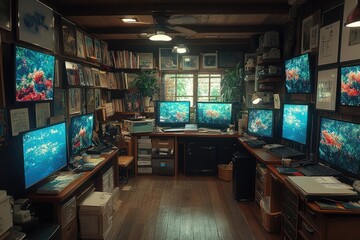 Poster - a cluttered home office with a desk full of electronics, documents and a bookshelf filled with books