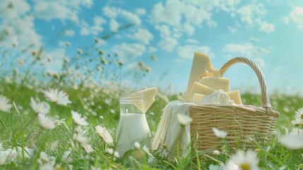 Poster - A dreamy field and blue sky background with a woven basket filled with various cheeses and a glass bottle of milk, exuding a serene countryside vibe.