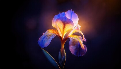 Poster - Radiant Iridescent Iris Blooming Under Magical Twilight, Illuminated by Ethereal Golden Light Orbs, Capturing the Beauty of Nature's Elegance in a Dreamlike, Enchanted Garden