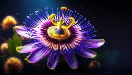 Poster - Vibrant Close-up of Exotic Passion Flower Blooming with Radiant Neon Petals and Stamen, Illuminated by Glowing Lights Against a Dark Background, Featuring Stunning Symmetry and Lush Green Leaves