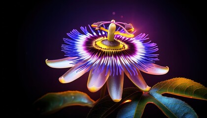 Poster - Vibrant Close-up of Exotic Passion Flower Blooming with Radiant Neon Petals and Stamen, Illuminated by Glowing Lights Against a Dark Background, Featuring Stunning Symmetry and Lush Green Leaves