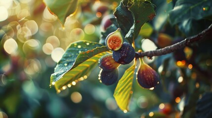 Poster - Sunlit figs glisten on branches, surrounded by lush green leaves, with a dreamy bokeh capturing the essence of a sunny, fruitful garden.