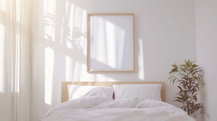 Sticker - Sunlight streams through a window, creating a serene and inviting atmosphere in a minimalist bedroom with crisp white linens.