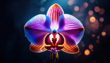 Poster - Vibrant Macro Close-Up of a Colorful Orchid Flower with Intricate Veins and Radiant Petals, Illuminated by a Soft Bokeh Light Effect in a Deep Blue Background
