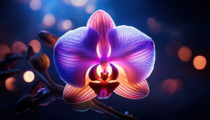 Poster - Vibrant Macro Close-Up of a Colorful Orchid Flower with Intricate Veins and Radiant Petals, Illuminated by a Soft Bokeh Light Effect in a Deep Blue Background
