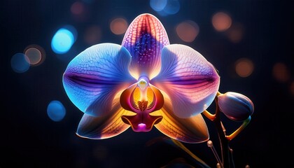 Poster - Vibrant Macro Close-Up of a Colorful Orchid Flower with Intricate Veins and Radiant Petals, Illuminated by a Soft Bokeh Light Effect in a Deep Blue Background