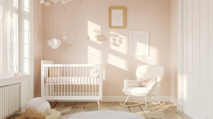 Canvas Print - Sunlit minimalist nursery with pastel tones, featuring a crib and a cozy rocking chair, creating a serene and inviting space.