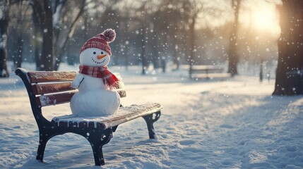 A cheerful snowman sits on a wooden bench in a snowy park. The warm sunlight filters through the trees, creating a magical winter scene. A perfect reminder of holiday joy. AI