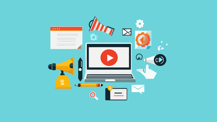 Poster - Flat Vector Online Video Marketing Concept with Laptop, Megaphone, and Multimedia Icons for Business Advertising Content