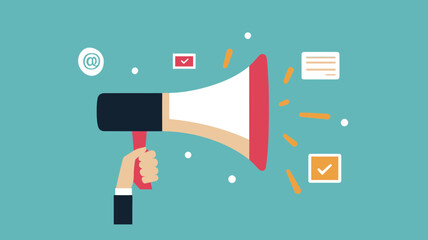 Poster - Flat Design Vector Illustration of Digital Marketing Concept Featuring Hand Holding Megaphone with Social Media Icons and Notifications