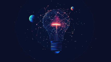Poster - Abstract Starry Sky Lamp Bulb Vector with Planets and Universe Elements - Business Innovation Concept in Minimalist Style, SVG Illustration