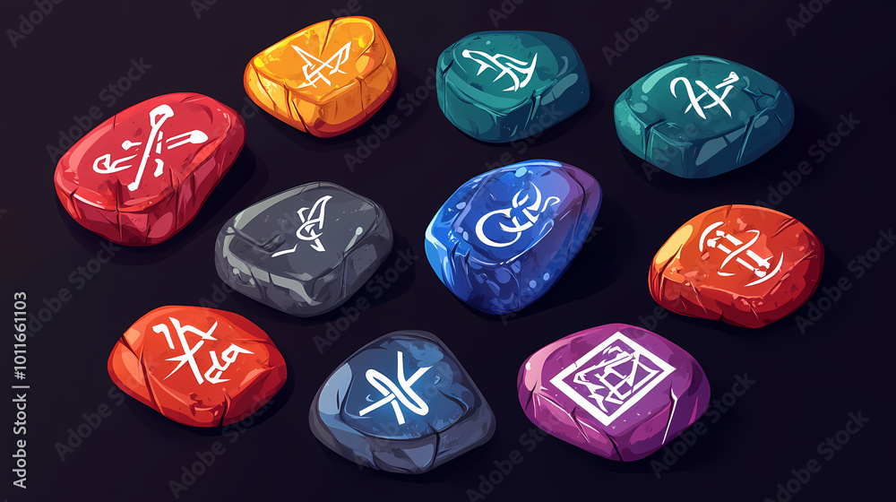 Multi Colored Rune Gif For game design, rune stones with white sacred glyphs isolated on dark ...