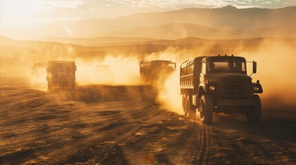 Convoys of rugged military trucks kick up clouds of dusty sand as they drive across a sunlit desert landscape at dawn.