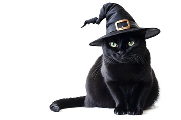 Photo of black British cat in witch hat isolated on white background. Halloween witch cat in black pointed hat. Masquerade party, carnival. Concept of Halloween, spooky decorations, pet costumes.