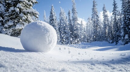 A large snowball is rolling down the mountain through the snow, tumbling dangerously!