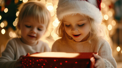 Joyful children discovering a magical Christmas gift in a cozy living room, surrounded by festive decorations and sparkling lights