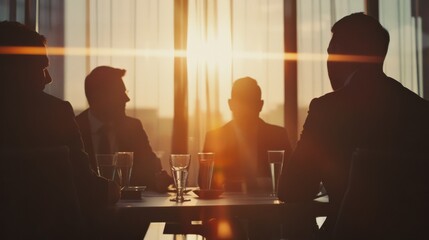 Wall Mural - Silhouetted figures seated around a table in an office setting, backlit by a glowing sunset, conveying collaboration and future planning.