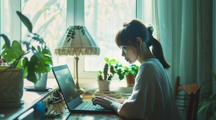 Sticker - A woman intently works on her laptop in a cozy room filled with lush indoor plants, illuminated by soft natural light from the window.