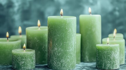 Canvas Print - Tranquil Green Candles Burning Peacefully on Textured Background