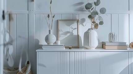 Wall Mural - A serene, minimalist room with soft light revealing vases and art, shadows playing elegantly on the white walls, evoking calm and simplicity.