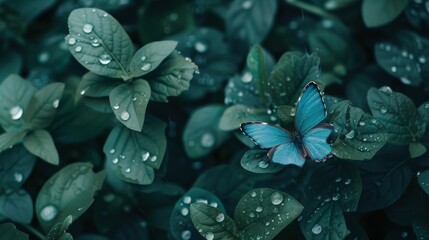 Poster - A brilliant blue butterfly resting on dew-kissed green leaves, highlighting the delicate beauty and tranquility of nature.