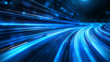 Poster - Dynamic blue light streaks create mesmerizing effect, evoking sense of speed and motion. This abstract image captures essence of energy and movement in vibrant, digital landscape