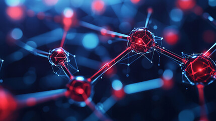 Poster - Abstract molecular structure with glowing red highlights, showcasing interconnected atoms and bonds in vibrant, scientific visualization. This image evokes sense of innovation and discovery in