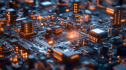 Aufkleber - Intricate circuit board illuminated by glowing lights and complex microchips at night