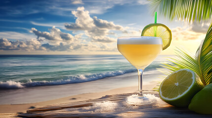 Wall Mural - Relaxing summertime vibes with a refreshing margarita on a tropical beach, summer, margarita, cocktail, beach