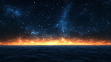 Wall Mural - Breathtaking Night Sky with Stars Above a Glowing Horizon and Cloudscape, Blending Cosmic and Atmospheric Beauty