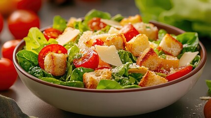 Fresh salad with croutons and tomatoes