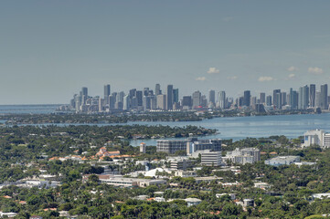 Panoramic view of the Miami Skyline seen from a high-rise building in Miami Beach, FL on  October 3rd, 2024