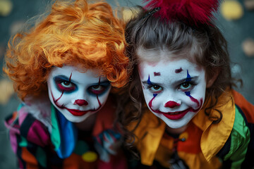 Wall Mural - Children Halloween. Children dressed as creepy clowns with vibrant makeup and colorful costumes