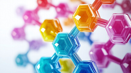 Poster - Colorful abstract geometric molecular structures create vibrant visual experience, showcasing interconnected hexagonal shapes in bright hues of blue, orange, and pink. design evokes sense of