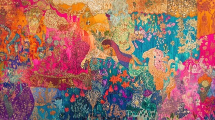 Leinwandbilder - Colorful South Asian textile artwork with intricate details, no people, leaving room for captions.