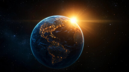 Wall Mural - sunrise over earth from space, illuminating continents and city lights against the starry cosmos