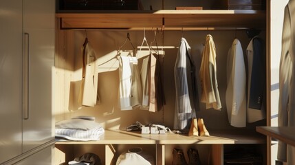 a sun-kissed wardrobe featuring a mix of casual and formal clothes, showcasing a cozy and orderly sp