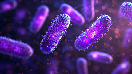 Poster - Digital abstract bacteria shapes on glowing background create vibrant and intriguing visual. intricate details and luminous colors evoke sense of wonder and curiosity about microscopic life