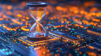 Fototapete - Digital hourglass on glowing circuit board symbolizes passage of time in technology. vibrant colors and intricate details evoke sense of innovation and progress