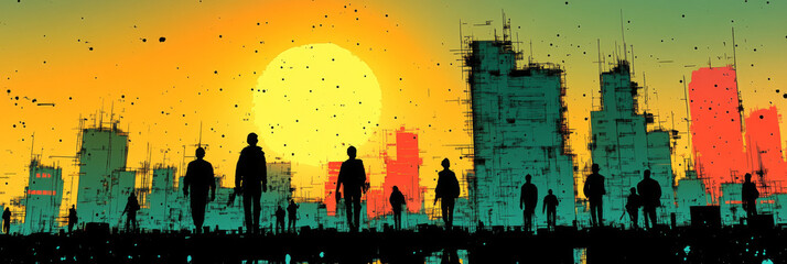 Sticker - Silhouettes of people walking in front of a futuristic cityscape at sunset.